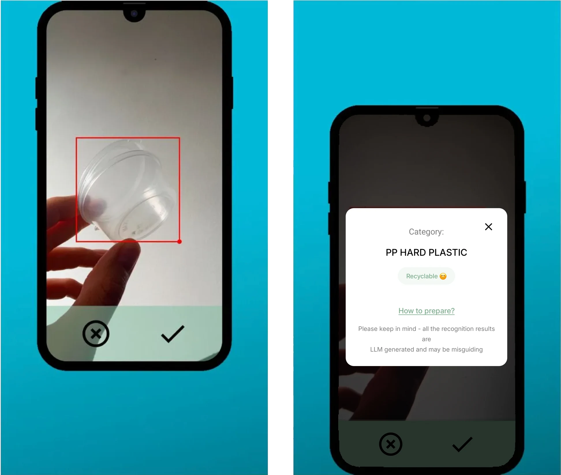 What I Recycle app: camera capture and category result on two phone screens